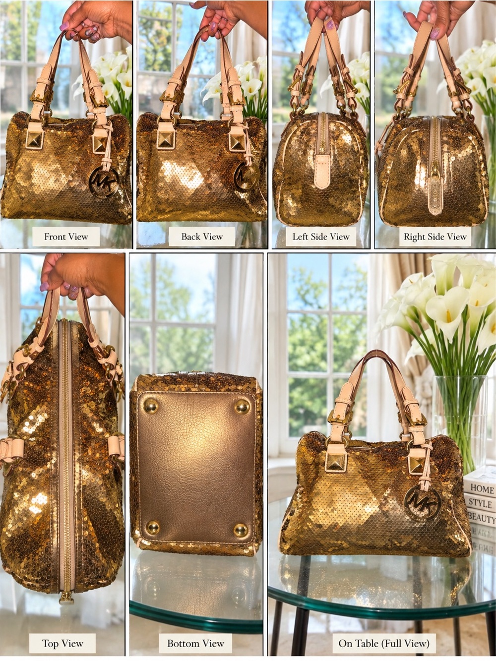 Michael Kors Gold Sequin Grayson Satchel Bag – Glam Metallic Satchel - Picture 7 of 10